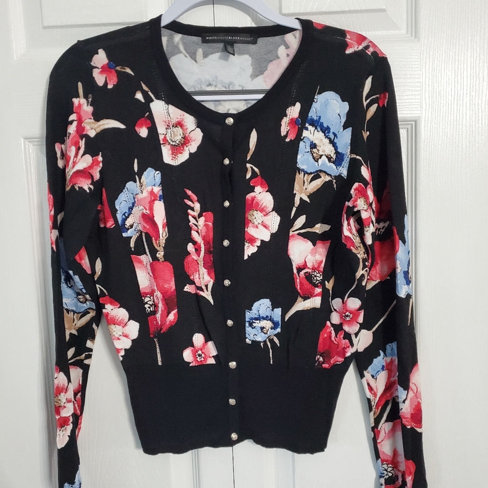 NWOT White House Black Market WHBM Sweater sz L Large Floral Cardigan Sweater